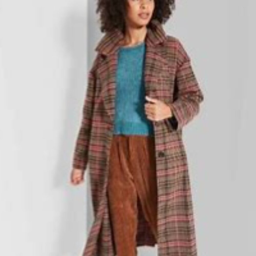 New Wild Fable Wool Blend Plaid Oversize Midi Coat Brown Tan Fuchsia Pink S / M